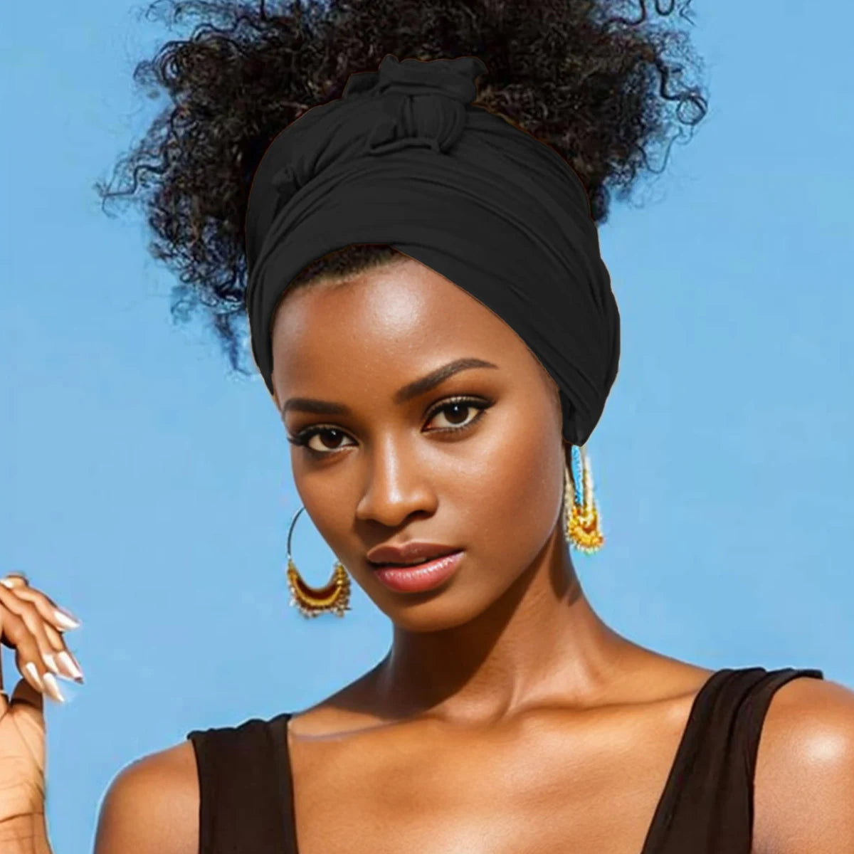 Hot selling stretch jersey turban african headband solid color super soft extra long breathable headband for women black