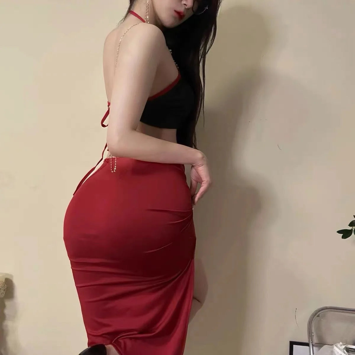 Red Rose Hanging Neck Top Split Long Dress Off The Waist Gold Chain Ring Waist Anchor Leading Dance Dress Tie Two Piece Set H80Z