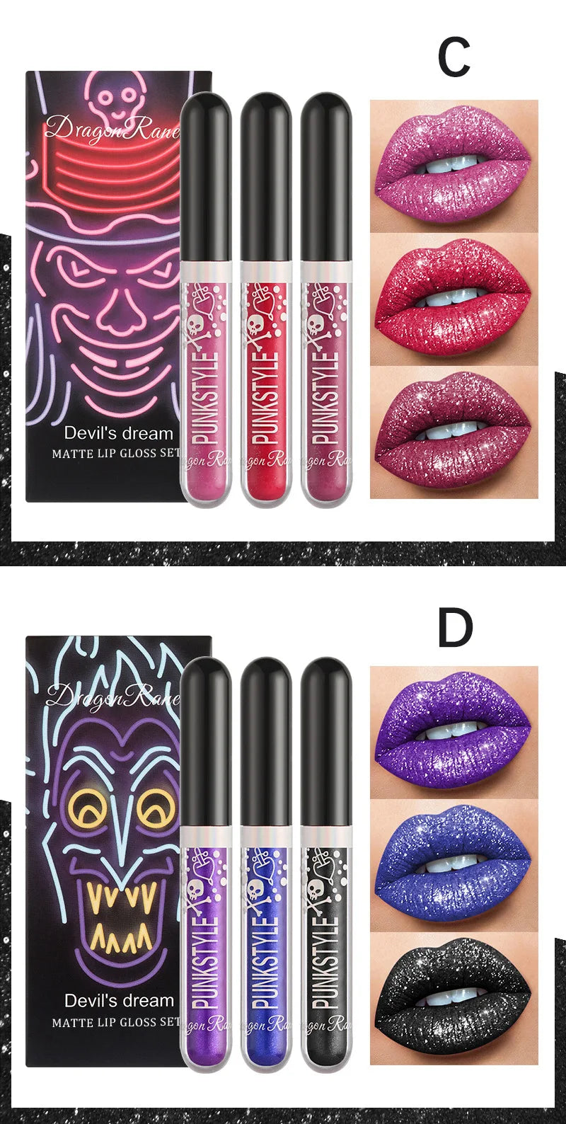 3pcs Glitter Lipstick Set Waterproof Sexy Blue Purple Black Lip Gloss Shiny Lip Tint Halloween Lip Makeup Tool Korean Cosmetics