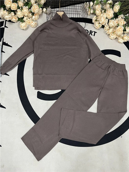 Autumn Winter 2 Pieces Women Sets Knitted Tracksuit Turtleneck Sweater and Straight Jogging Pants Suits Coffee One Size