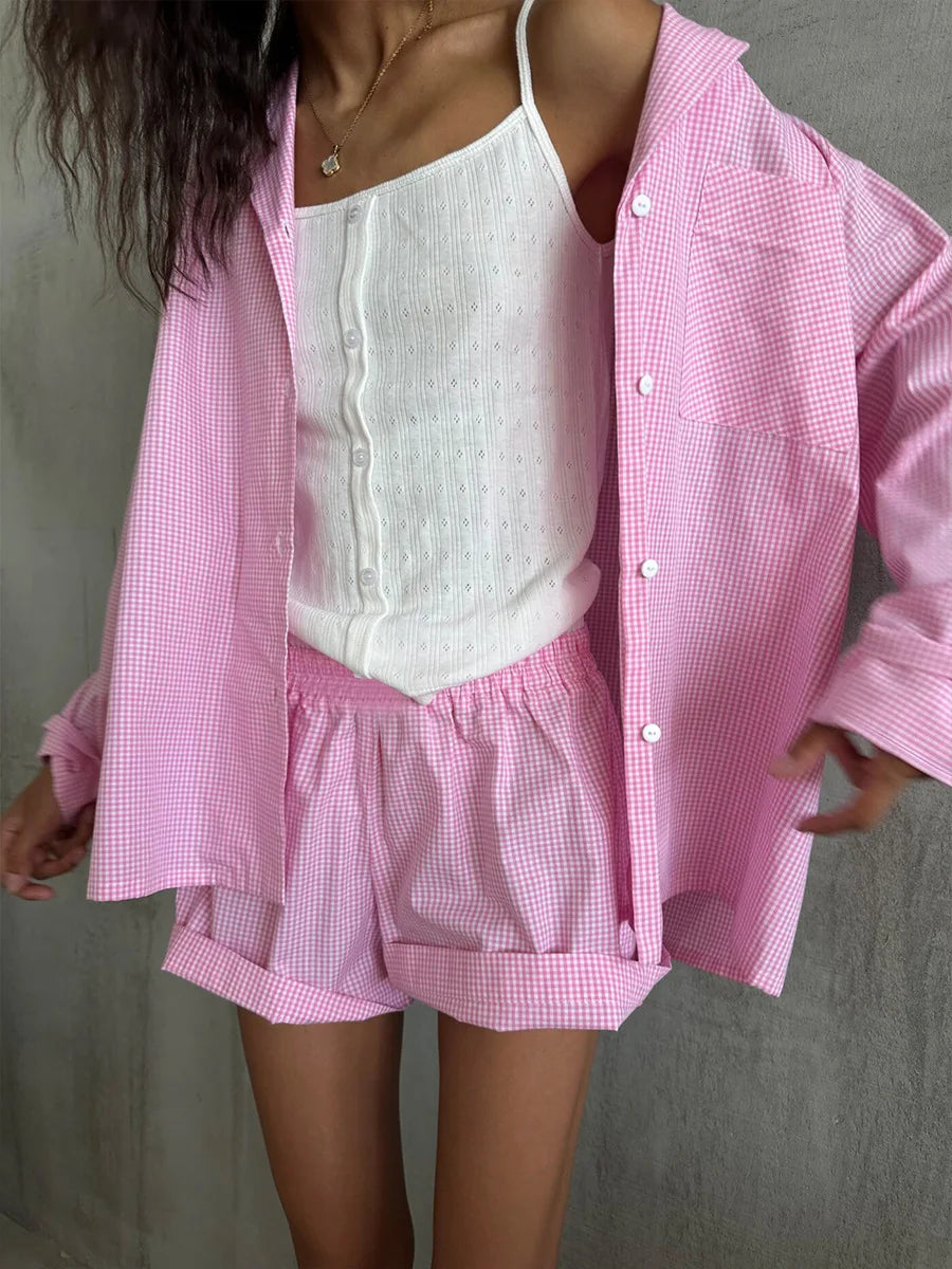 Muzuleva 100% Cotton Pink Patchwork Checkered Pajama Set Spring New Long Sleeved Shorts Pajamas Women's Casual Home Clothes