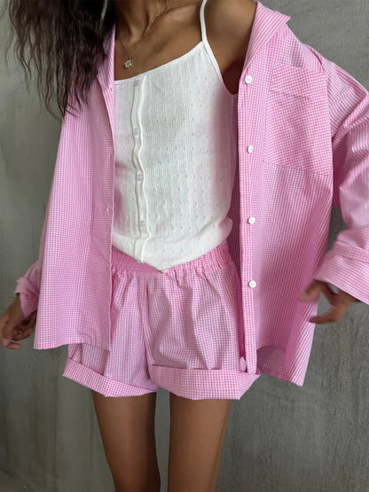 Muzuleva 100% Cotton Pink Patchwork Checkered Pajama Set Spring New Long Sleeved Shorts Pajamas Women's Casual Home Clothes