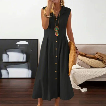 New Dresses 2025 Woman Fashion Lapel A-line Vintage Cotton Linen Long Skirt Women's Clothing Tops