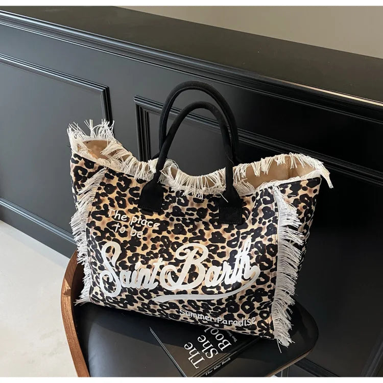 European and American Letters Tassel Canvas Bag Arge Capacity Handbags Travel Women Beach Tote Bag Fashion Casual Shopping Bags