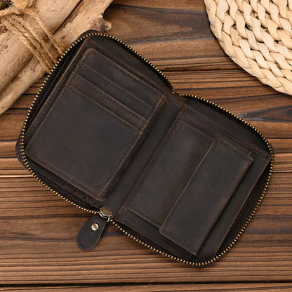 2023 New Short Wallet Men Women Vintage Fashion Card Holder Zipper Coin Purse Crazy Horse Leather Mens Slim Zipper Purse Wallet 1036 Dark Brown