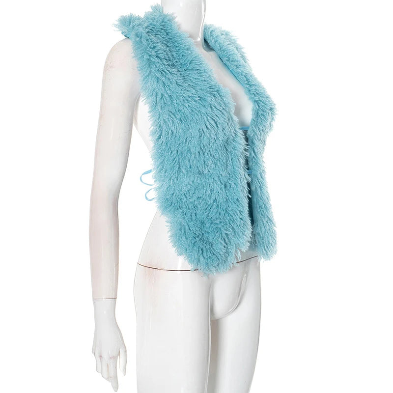 BKLD Sexy Temperament Fluffy Tops For Women High Street Y2K Nightclub Outfits Faux Fur Backless Lacing Solid 2025 Vest Waistcoat