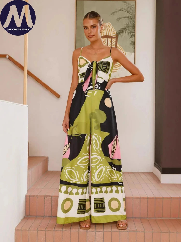 Jumpsuits for Woman Summer New Elegant Print Sleeveless Sling Tie A Knot Jumpsuits Fashionable Casual Loose Wide Leg Jumpsuit