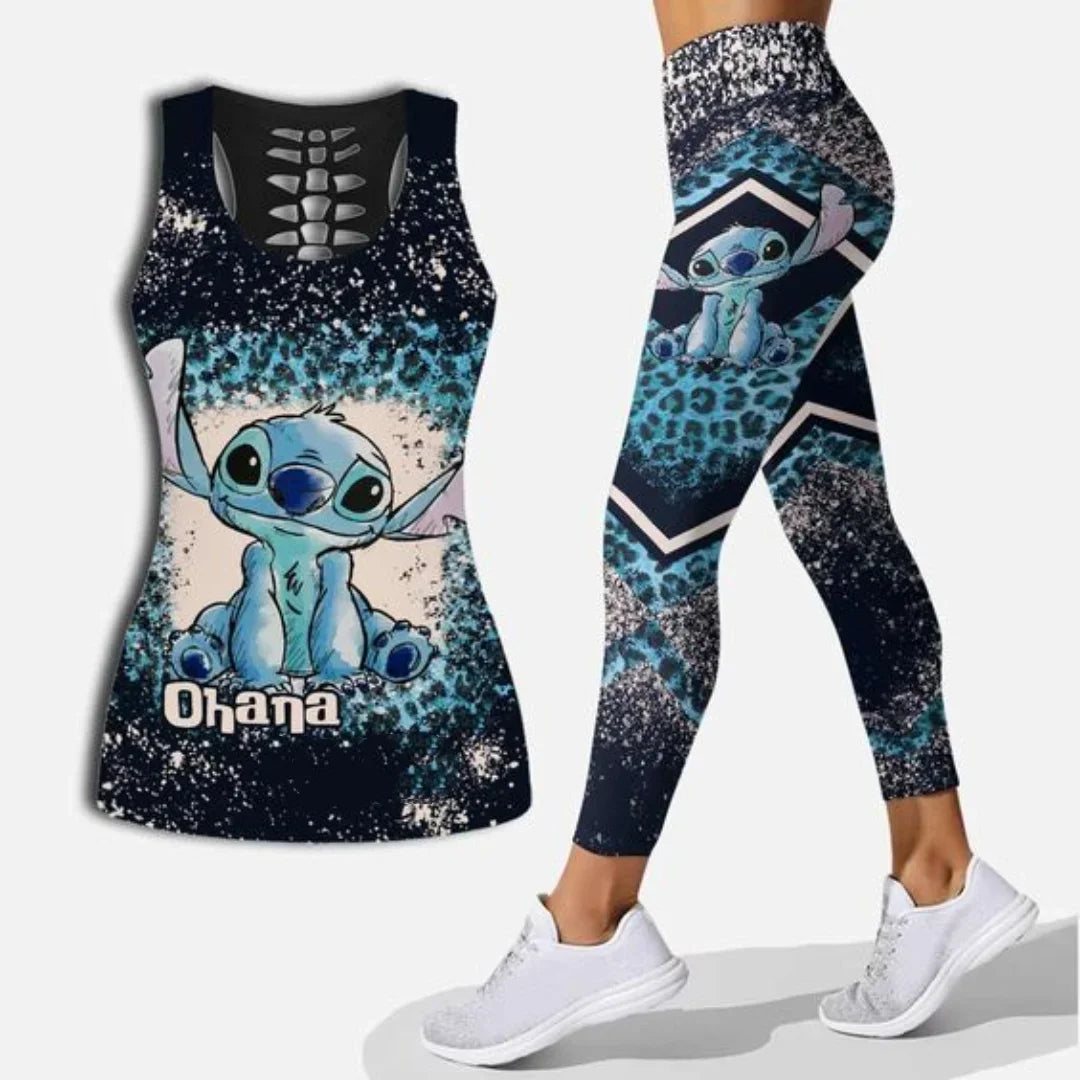 2024 Disney Stitch Women's Hollow Tanktop Yoga Set Summer Fitness Leggings Tracksuit Disney Cutout Tank Top Leggings Set 1
