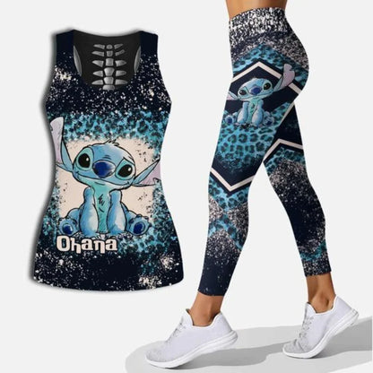 2024 Disney Stitch Women's Hollow Tanktop Yoga Set Summer Fitness Leggings Tracksuit Disney Cutout Tank Top Leggings Set 1