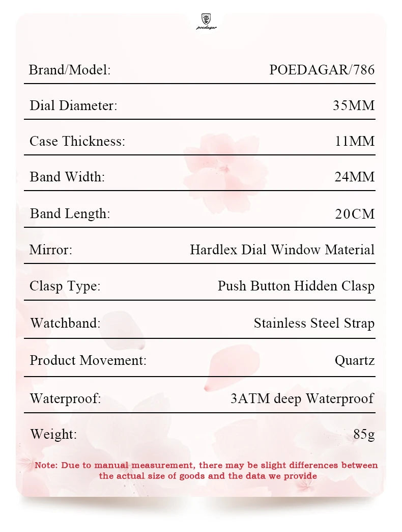 POEDAGAR Original New Woman Watch Stainless Steel Waterproof Luminous Ladies Wristwatch Date Week Elegant Quartz Women's Watches