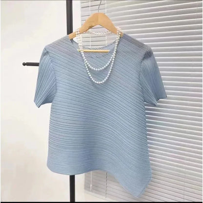 2025 Fold Fashion Summer Shirts Short-Sleeved T Shirt Women's Sleeveless Vest Waistcoat Tops Loose Blouse Shirt Tee Female blue short sleeves One Size