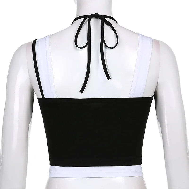 Women Hollow Out Black Y2K Tees Sleeveless Skinny Tops Cool Punk T-shirts Techwear 2023 Spring Summer New Sexy Crop Top