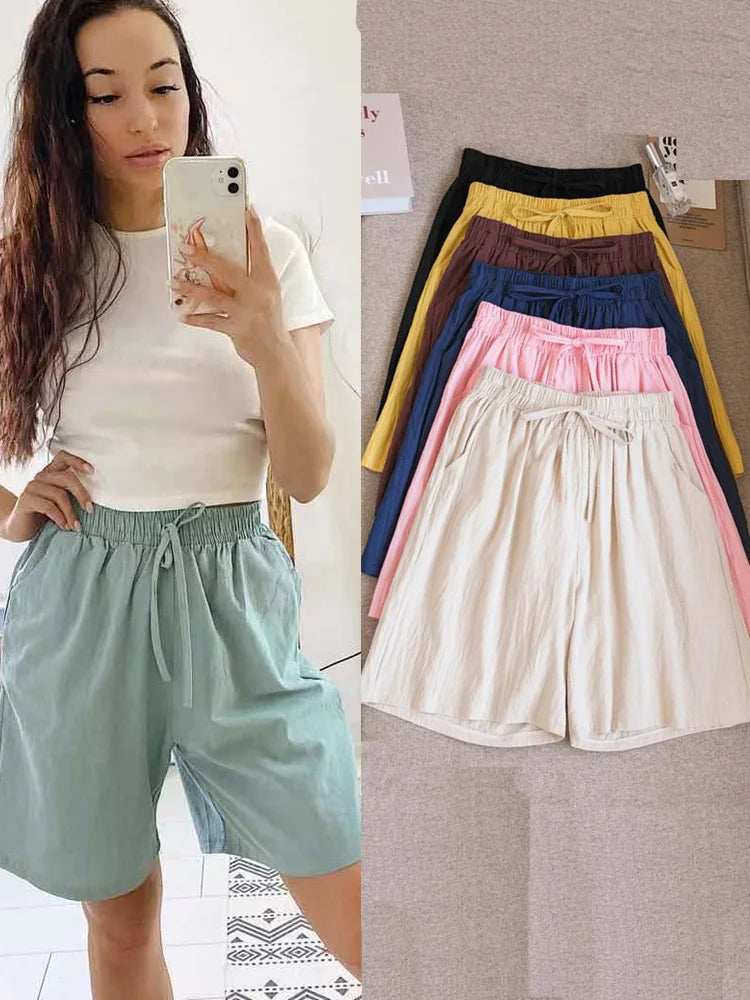2024 Women Cotton Shorts,Summer Casual Solid Two Pockets shorts high waist loose shorts for girls Soft Cool female shorts