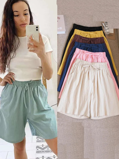 2024 Women Cotton Shorts,Summer Casual Solid Two Pockets shorts high waist loose shorts for girls Soft Cool female shorts