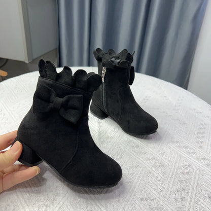 Spring Autumn Bow Girls Fashion Toddler Boots PU Leather Low Heel Kids Princess Boots Party Zip Children Ankle Baby Girl Shoes