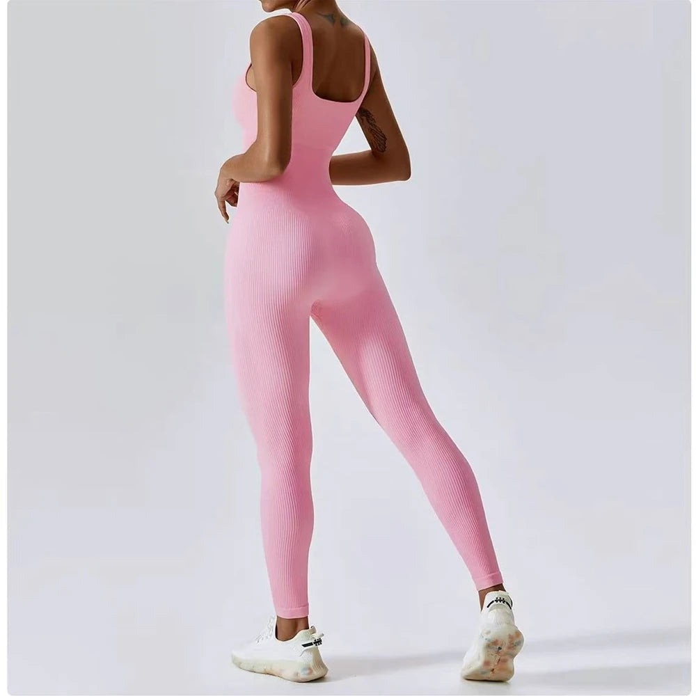 Womens Jumpsuits Sleeveless Yoga Slim Fit Stretch Screw Thread One Piece Romper Sexy Fitness Seamless Pink Sportwears Chest Pads Badiee Stylez