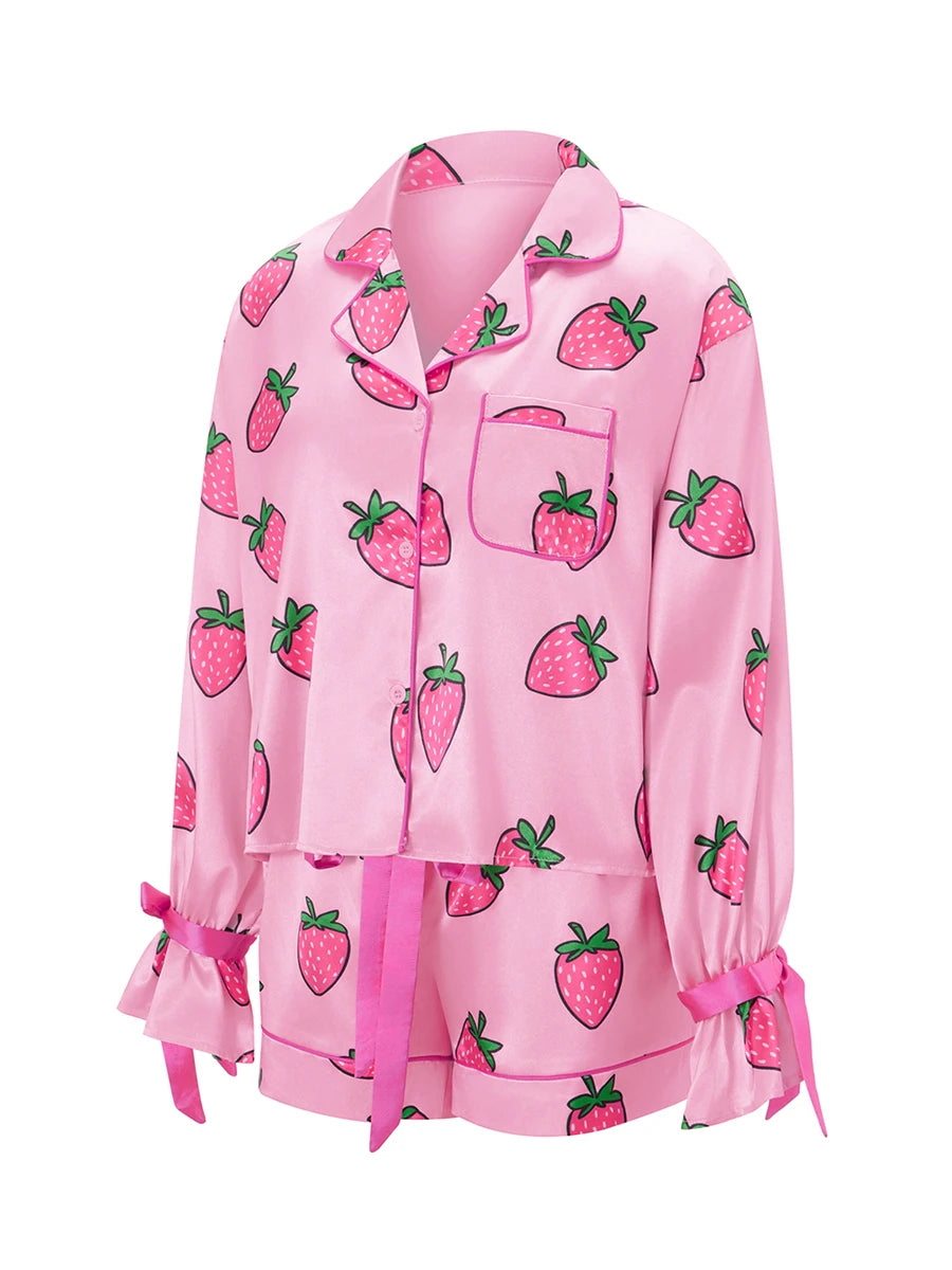 Women's 2 Piece Lounge Set Long Sleeve Lapel Strawberry/Bow Print Button Up Tops Shorts Sleepwear Sets