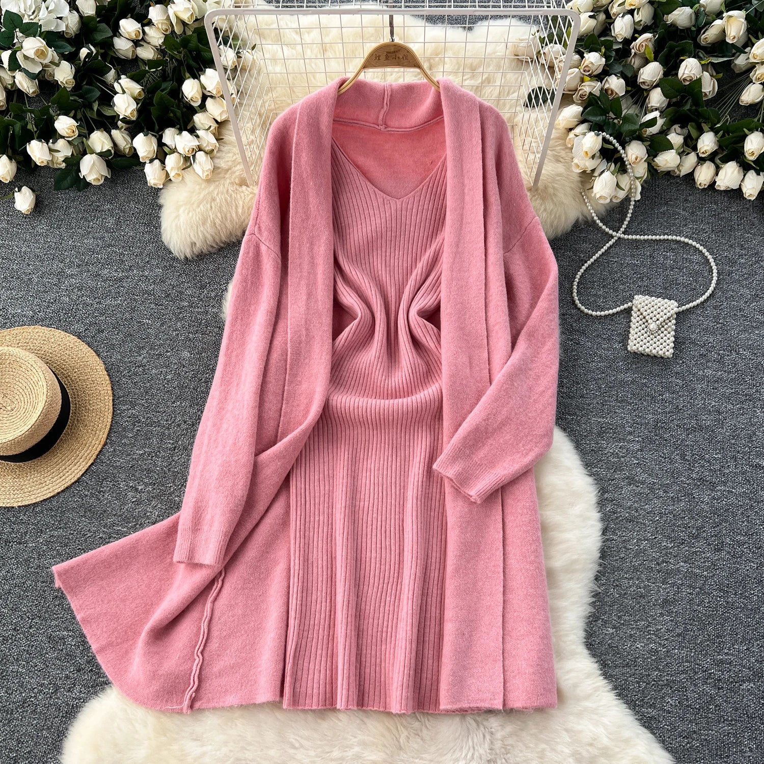 SINGREINY Autumn Knitted Two Pieces Sets Ladies Loose Knitting Cardigan+Spaghetti Strap Bodycon Dress Basic Solid Winter Suits Badiee Stylez