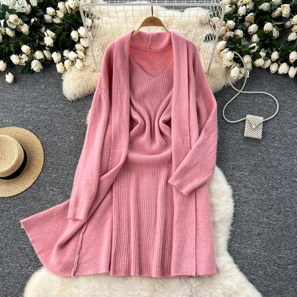 SINGREINY Autumn Knitted Two Pieces Sets Ladies Loose Knitting Cardigan+Spaghetti Strap Bodycon Dress Basic Solid Winter Suits Badiee Stylez