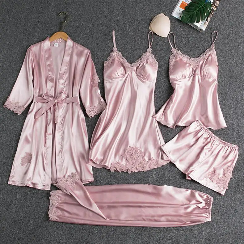 5PCS Women's Ice Silk Sexy Pajama Set Breathable Lace Satin Pajama Bathrobe Five Piece Set Casual Home Clothes Spring and Summer