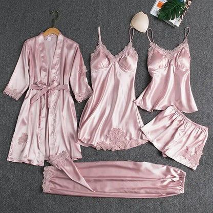 5PCS Women's Ice Silk Sexy Pajama Set Breathable Lace Satin Pajama Bathrobe Five Piece Set Casual Home Clothes Spring and Summer