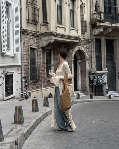 DSMTRC 2025 Holiday Knitted See-throught Cardigan Dress V Neck Long Flare Sleeves Leisure Long Trendy Single Breasted Autumn