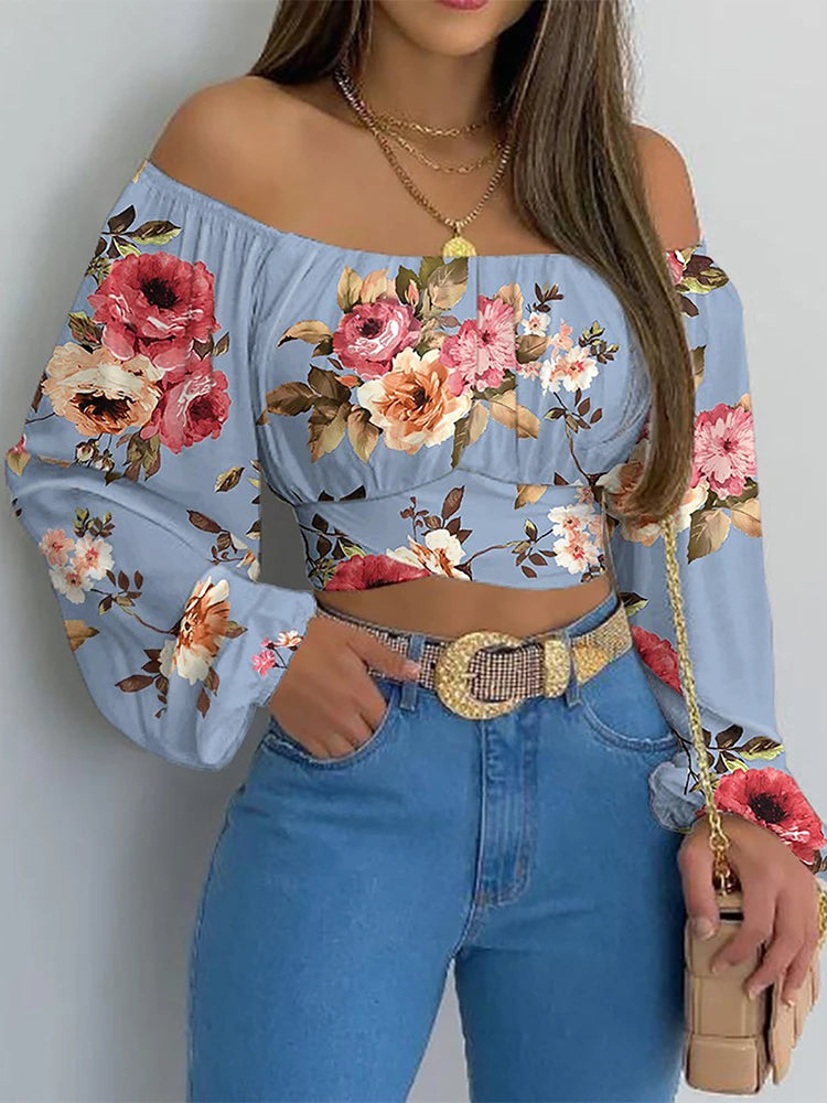 Women Sexy Off Shoulder Printing Blouses Chic and Elegant Lantern Long Sleeve Lace Up Bow Cropped Tops Casual Slim Shirts 2023 Print Blue