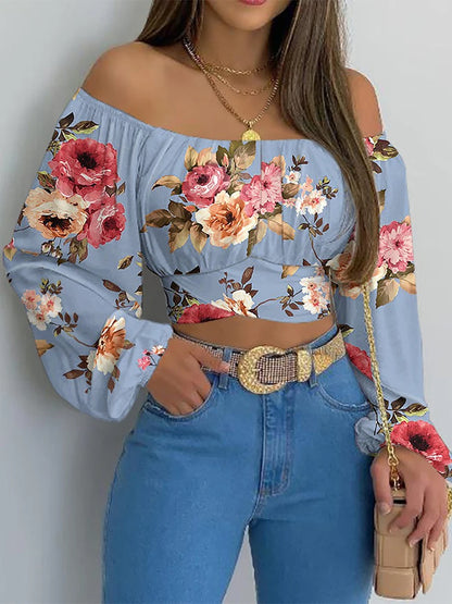 Women Sexy Off Shoulder Printing Blouses Chic and Elegant Lantern Long Sleeve Lace Up Bow Cropped Tops Casual Slim Shirts 2023 Print Blue