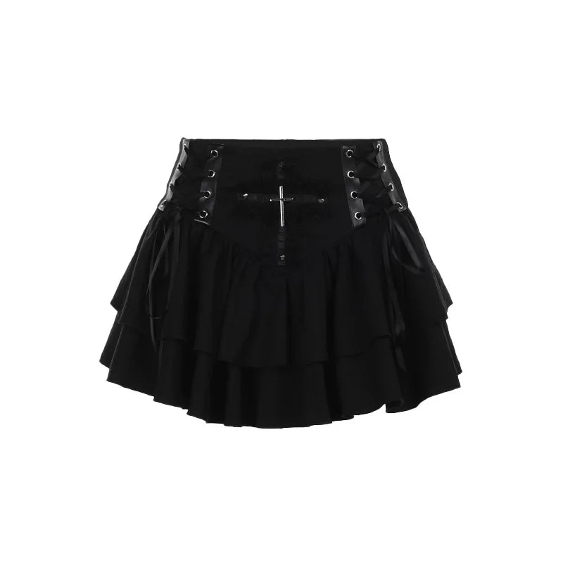 Gothic Black Lace Cross Mini Skirt Y2k Grunge Punk High Waist Pleated A-Line Skirts Vintage Women Girl Aesthetic Alt Clothes