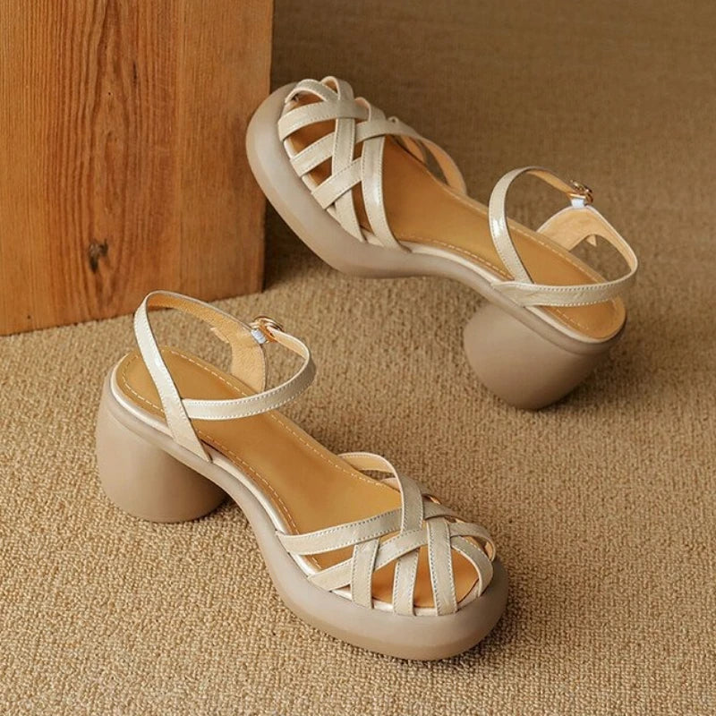 БосоножкиженскиеFashion Retro Women Shoes Summer New Round Heels Thick Soled Anti Slip Roman Sandals Simple Women Heels Sandals Badiee Stylez