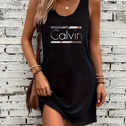 Women's summer loose casual fashion Calvin letter pattern printed vacation punk style mine black sleeveless vest dress BXQ75-Calvin