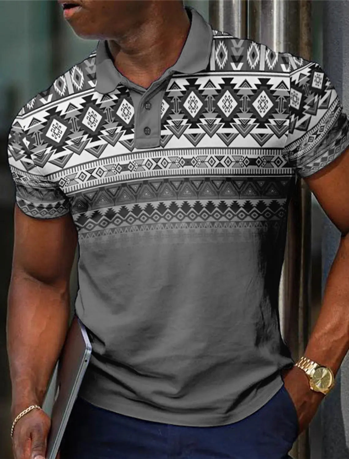 Men's Tribal Golf Polo Shirt - Vintage Short Sleeve Casual Collared Shirt for Stylish Vacations & Parties