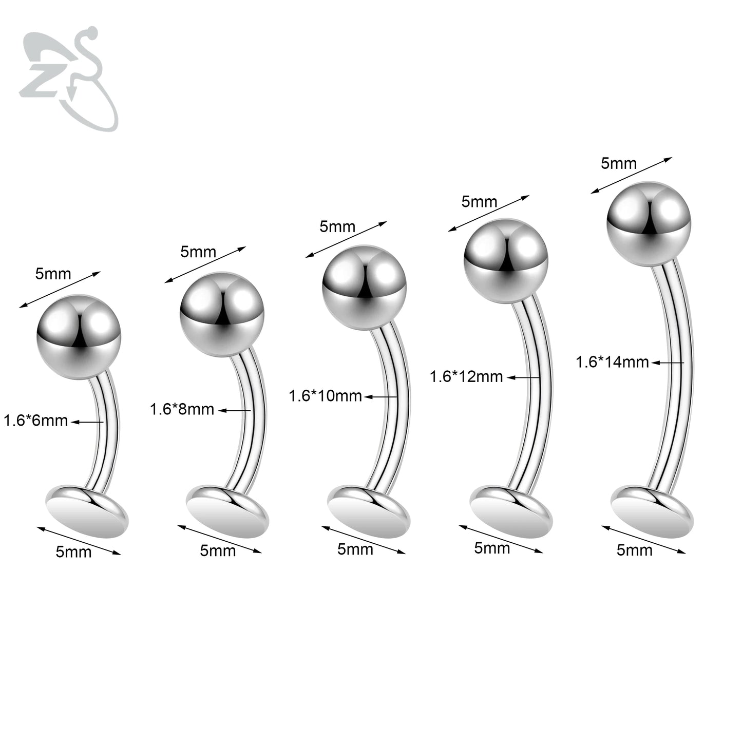 ZS 1 Piece Internal Thread Stainless Steel Belly Button Ring Floating Navel Piercings 14G Curved Umbilical Ring Jewelry 6MM-14MM Badiee Stylez