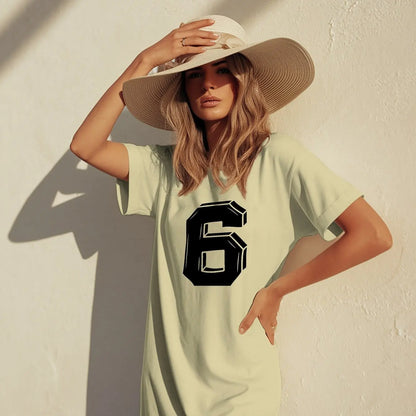 Plus Size Lucky Number 6 Women's Vibrant T-Shirt Dress with Bold White '6' Printed Casual Round Neck Short Sleeve Summer Dress CDXQ-55