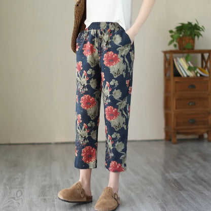 1pcs Spring Summer Women Cotton Comfort Breathable Pants Female Grid Flower Print Casual Loose Pant Lady Haren Straight Leg Pant Flower