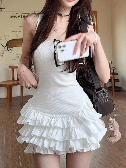 Sexy U-Neck Sleeveless Mini Dresses Fashion Women Summer New White Solid Y2K Ruffle Pleated Cake Bodycon Casual Party Vestidos WHITE