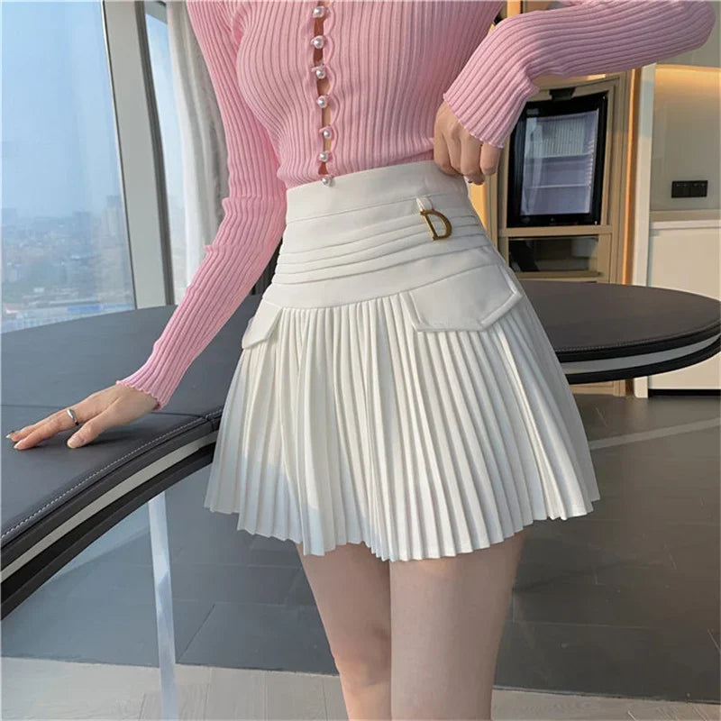 White Pleated Skirt Women High Waist Skater Skirt Female Korean A-Line High Fashion Casual Short Skirt Women Bottoms