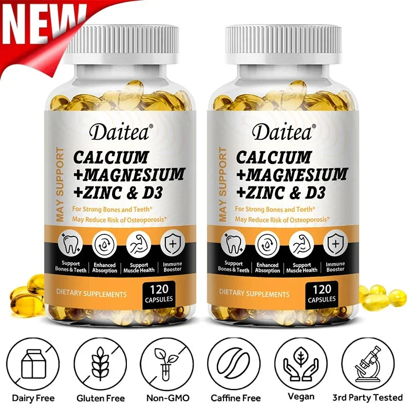 Daitea Calcium Magnesium Zinc Capsules Vitamin D3 helps support bones, teeth, heart, and enhance immune system function. 120 count-2bottle