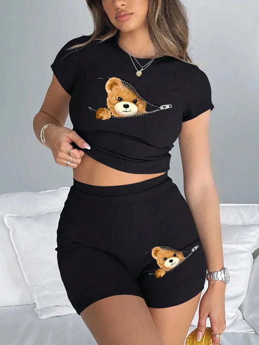 2 Pieces Set Women Slim Crop T-Shirts Shorts A Teddy Bear Emerged From The Zipper Prints Tops Sporty High Elastic Soft Clothes Black-Black