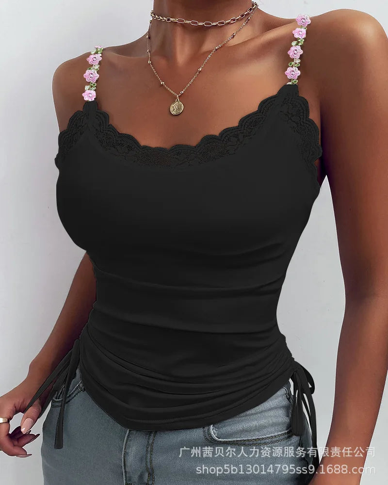 2024 Spring Summer New Vest Top Women's Closing Solid Color Slim Top Women Sexy Lace Stitching Three-Dimensional Decoration Vest Black