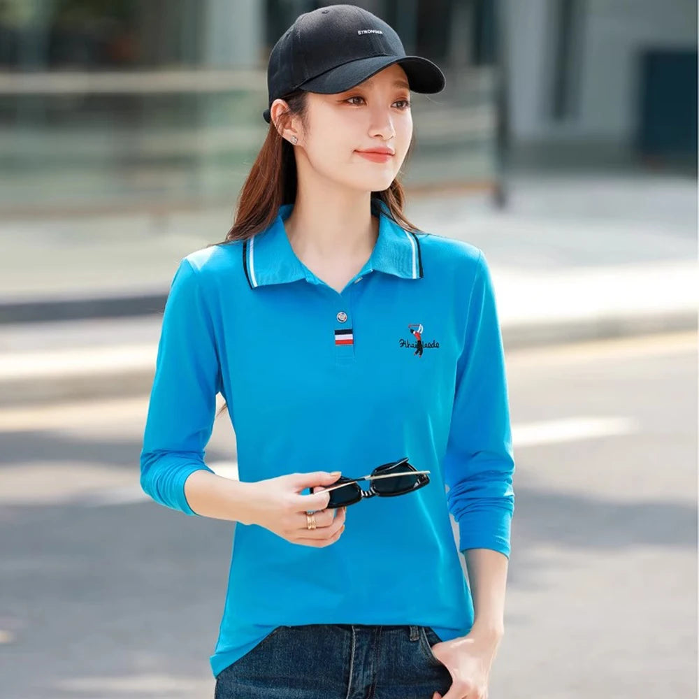 European Station Polo Neck Long sleeved T-shirt Women's Summer New High end Luxury Pure Cotton Loose Fashion Casual Large Top