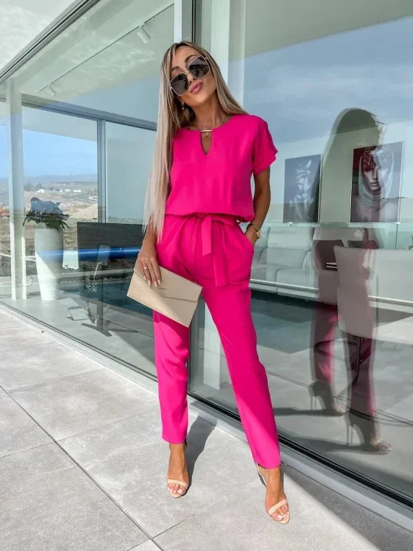 Jumpsuit Women 2023 Solid Color Short Sleeve V-neck Pocket Lace-up Pencil Long Pants Jumpsuits Summer Outfits Bodysuits Badiee Stylez
