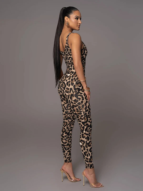 Women's Sexy Leopard Print Skinny Nightclub Jumpsuit Spaghetti-Neck Yoga Clothes Fitness Coverall Female Club Outfits