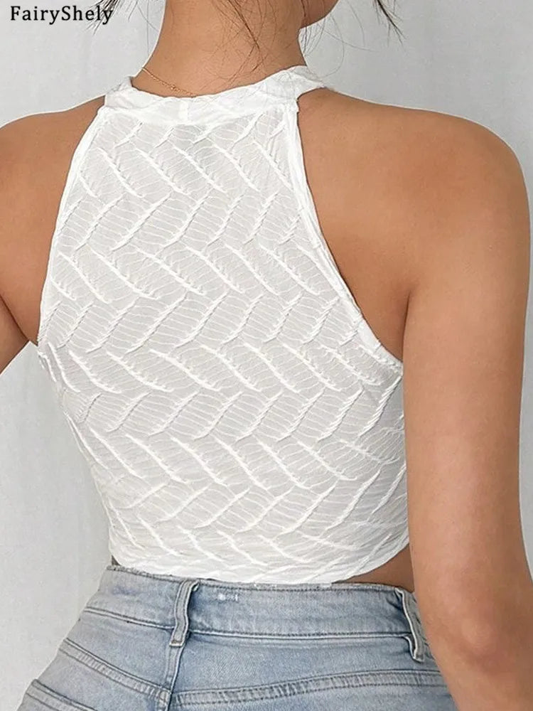 Fairyshely 2025 Sexy Female Solid Sleeveless Top Summer Women Hollow Tassels Short Vest Lady Off Shoulder Halter Clud Crop Tops