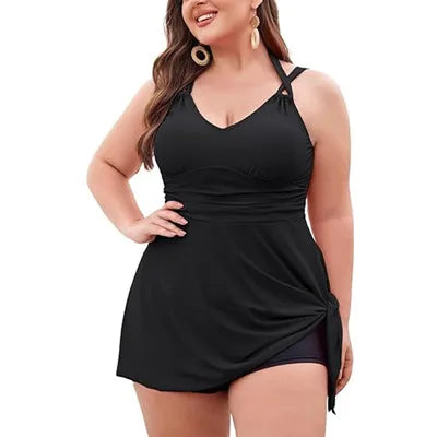 Women Plus Size Swimwear Two Piece Black Tankini Swimdress V Neck Halter Floral Asymmetrical Hem Skirted Swimsuits with Boyshort Black