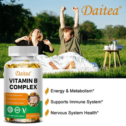 DAITEA - Vitamin B Complex Capsules - B12, B1, B2, B3, B5, B6, B7, B9, Folic Acid and Biotin - Reduce Stress, Boost Immunity