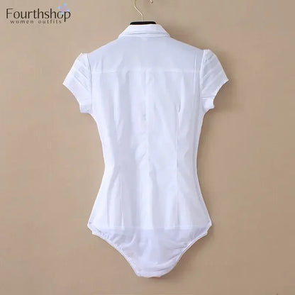 Elegant Bodysuit Women Short Sleeve White Color Shirring Design Blouses And Tops Office Lady Work Wear Formal Body Shirt Female