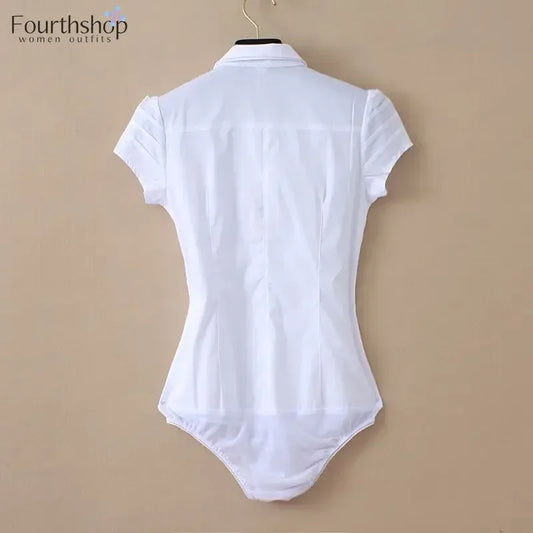 Elegant Bodysuit Women Short Sleeve White Color Shirring Design Blouses And Tops Office Lady Work Wear Formal Body Shirt Female