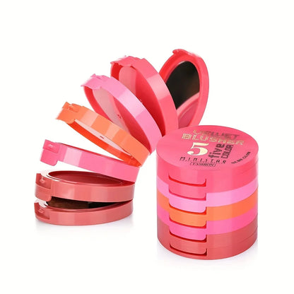 Multi-layer 5 Colors Blusher Compact Powder Makeup - Facial Base Foundation Pressed Powder Cheek Cosmetics with Brush 5 Colors