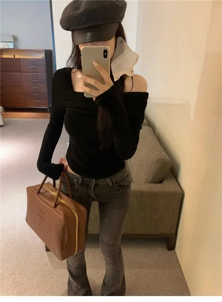 Elegant Off-Shoulder Long Sleeve Knitted Top For Women 2023 Autumn Slimming Smooth Base Layer T-Shirt Polyester Fiber Full Sleev